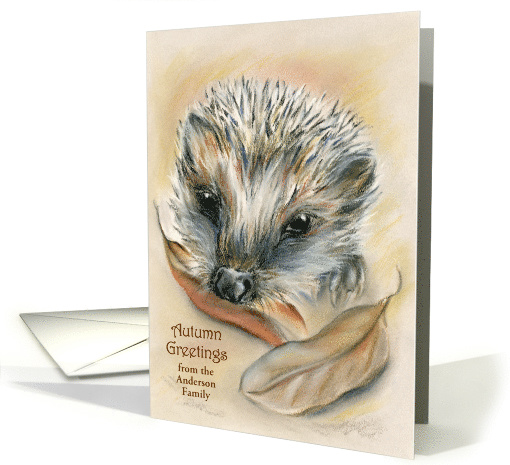 Personalized Autumn Greetings Cute Hedgehog Pastel Art card (1501448)