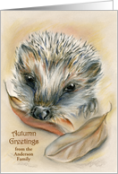 Personalized Autumn Greetings Cute Hedgehog Pastel Art card