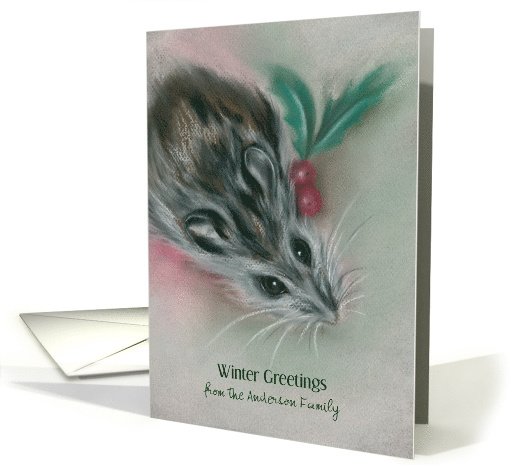Personalized Winter Greetings Cute Mouse with Holly Pastel card