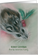 Personalized Winter Greetings Cute Mouse with Holly Pastel card