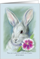 Custom Easter Invitation White Bunny with Flower Pastel Art card