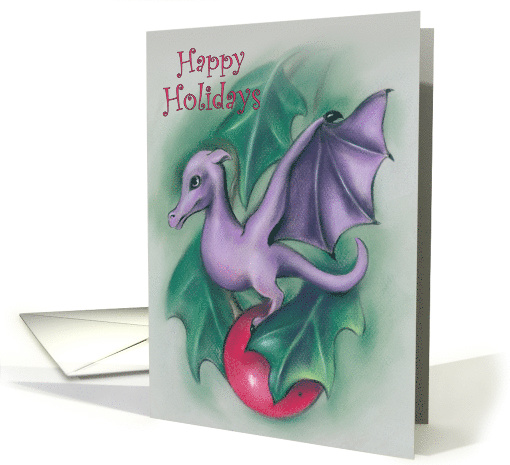 Happy Holidays Cute Purple Dragon on a Holly Berry card (1538958)