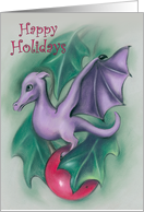 Happy Holidays Cute Purple Dragon on a Holly Berry card