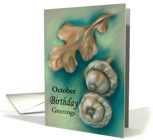 Custom October Birthday Autumn Oak Leaf and Acorns Pastel Art card