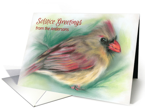 Personalized Name Solstice Cardinal with Pine Needles Pastel Art card