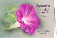 Personalized Friend September Birthday Wishes Magenta Morning Glory card