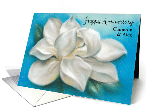 Personalized Names Wedding Anniversary White Magnolia Pastel Art card