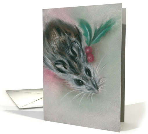 Cute Winter Mouse with Holly Pastel Art Any Occasion Blank card