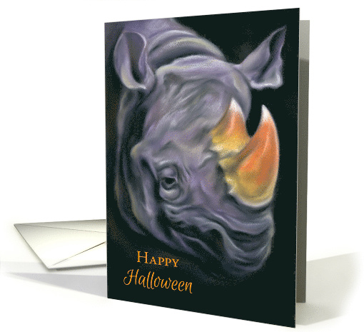 Happy Halloween Surreal Rhinoceros with Candy Corn Horns card