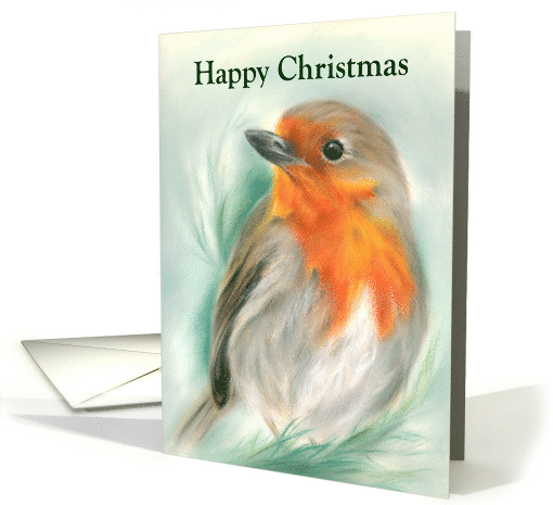Happy Christmas European Robin Redbreast Bird Pastel Art card