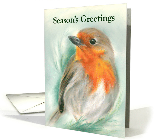 Seasons Greetings European Robin Redbreast Bird Pastel Art card