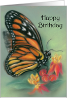 Happy Birthday Monarch Butterfly with Milkweed Pastel Art card