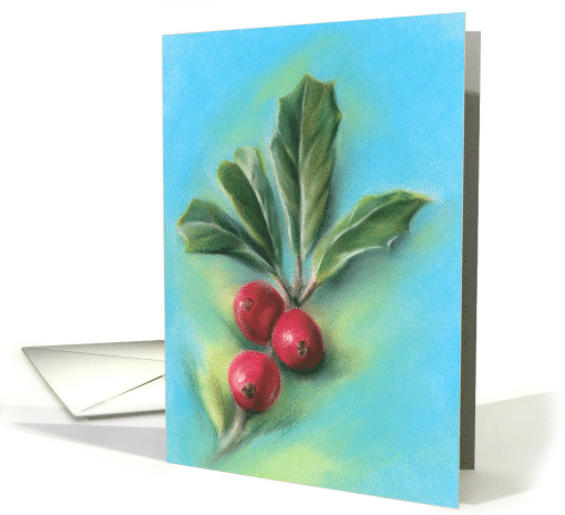 Holly Sprig with Three Berries Pastel Art Any Occasion Blank card
