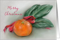 Merry Christmas Orange with Magnolia Leaves and Red Bow Pastel Art card