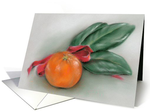 Mandarin Orange with Magnolia Leaves Red Bow Any Occasion Blank card