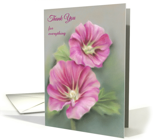 Pink Pastel Hollyhocks Floral Art Custom Thank You card (1588160)