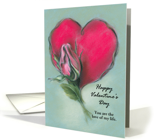 Pink Rosebud and Red Heart Pastel Art Custom Romantic Valentine card