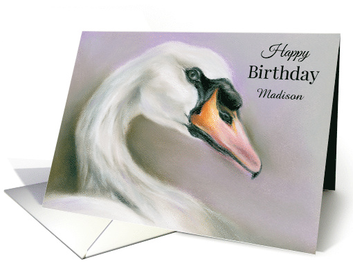 Elegant White Swan Pastel Art Birthday Personalized Name M card