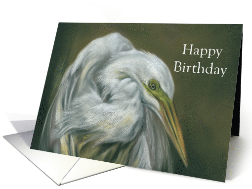 Happy Birthday White Egret Pastel Bird Artwork card (1606000)