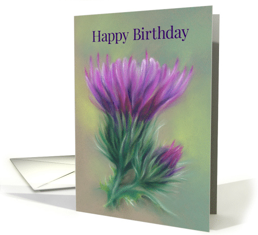 Happy Birthday Purple Thistles Pastel Flower Artwork card (1616986)
