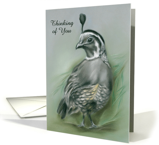 Custom Thinking of You Winter Quail and Pine Pastel Artwork card