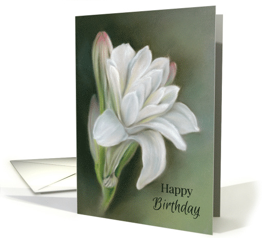 Happy Birthday Delicate White Flowers Tuberose Pastel Art card