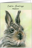 Personalized Name Easter Greetings Baby Hare Pastel Art M card