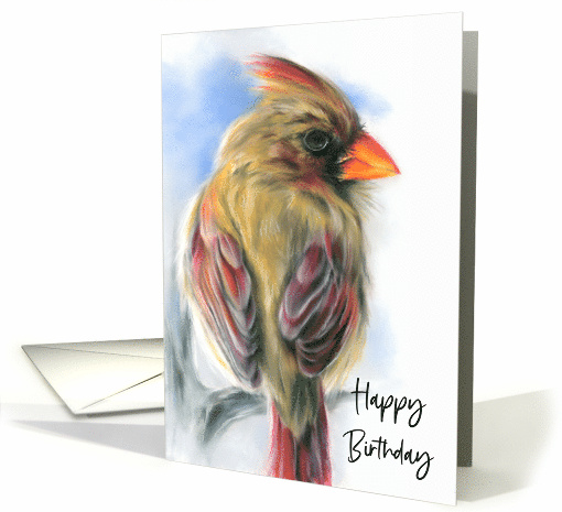 Happy Birthday Cardinal Female Redbird Portrait Pastel Art card