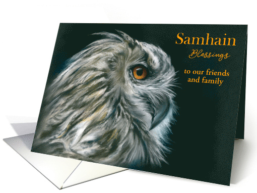Custom Samhain Blessings Owl Portrait in Profile Pastel Art card