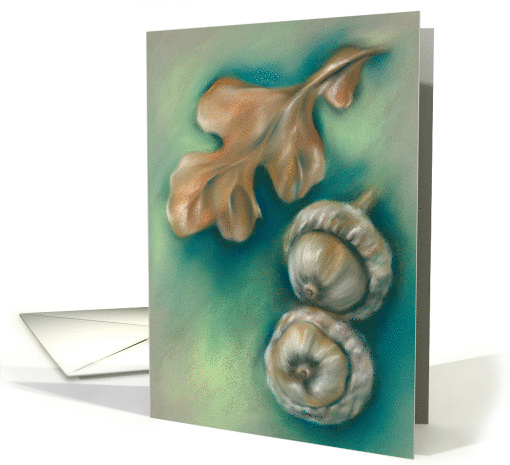 Any Occasion Autumn Oak Leaf and Acorns Pastel Art Blank card