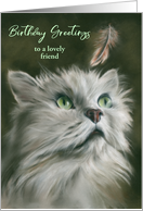 Custom Birthday for Friend White Fluffy Cat Pastel with Feather Pastel card
