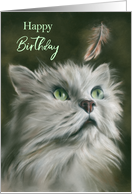 Happy Birthday White Fluffy Cat with Feather Pastel Art card