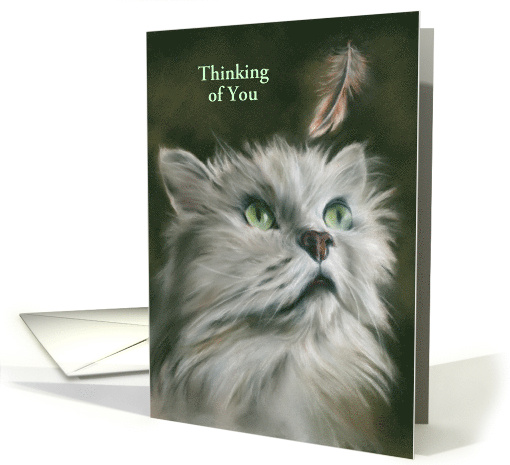 Custom Thinking of You White Fluffy Cat with Feather Pastel Art card