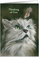 Custom Thinking of You White Fluffy Cat with Feather Pastel Art card