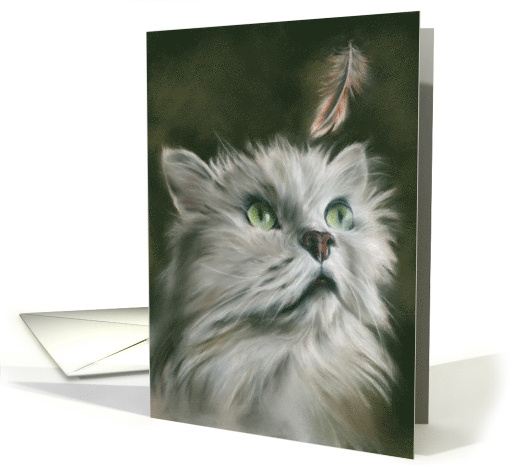 Any Occasion White Fluffy Cat with Feather Pastel Art Blank card