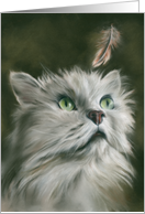 Any Occasion White Fluffy Cat with Feather Pastel Art Blank card