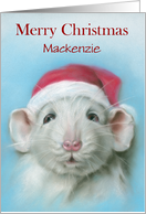 Personalized Name Christmas Cute White Rat with Santa Hat Pastel Art card