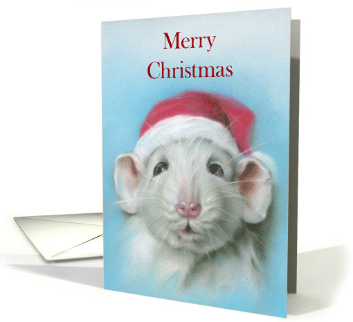 Merry Christmas Cute White Rat with Santa Hat Pastel Art card