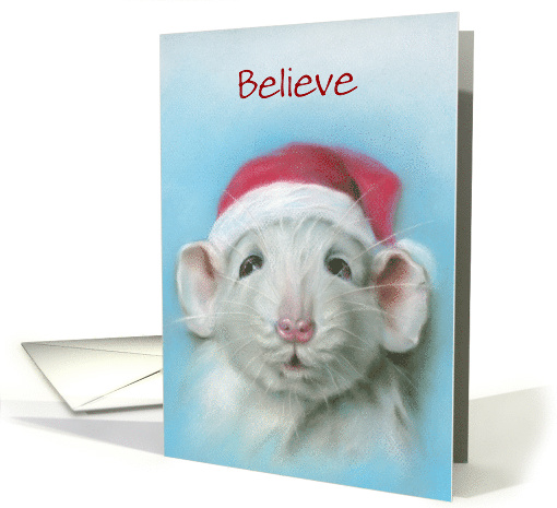 Believe Custom Christmas Cute White Rat with Santa Hat Pastel Art card