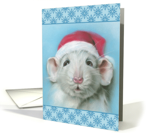 Any Occasion Cute White Rat with Santa Hat and Snowflakes Blank card