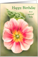 Custom Birthday for Her Pink and Red Primrose with Leaf Pastel Art card