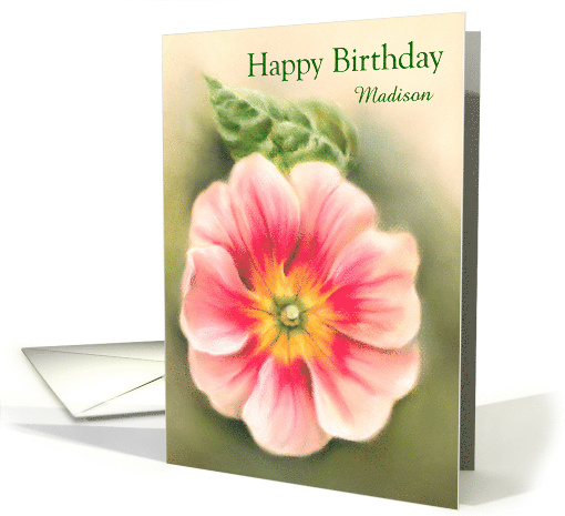 Personalized Name Pink and Red Primrose with Leaf Pastel Art card