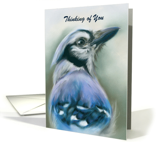 Personalized Thinking of You Blue Jay Bird Portrait Pastel Art card
