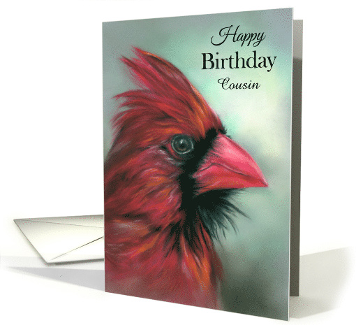 Custom Birthday for Relative Cousin Red Male Cardinal Pastel Art card