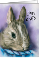 Happy Easter Fluffy Brown Bunny in a Blue Basket Pastel card