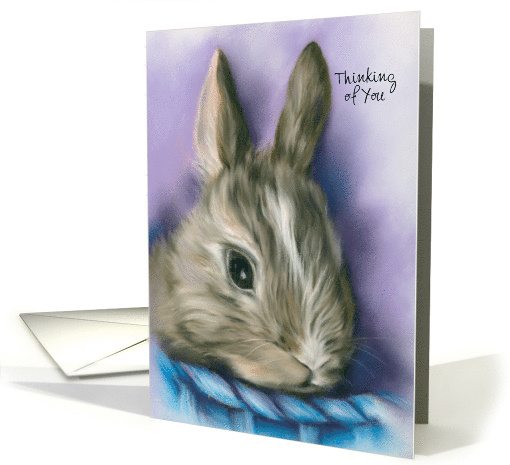 Custom Thinking of You Fluffy Brown Bunny in a Blue Basket Pastel card