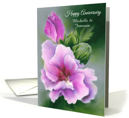 Custom Names Wedding Anniversary Rose of Sharon Hibiscus Pastel card
