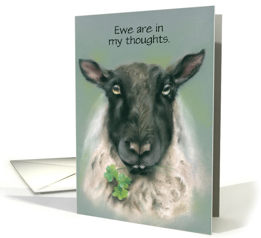 Custom Thinking of You Whimsical Sheep with Shamrocks Pastel card
