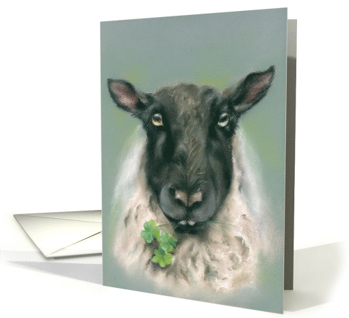 Any Occasion Whimsical Sheep with Shamrocks Pastel Art Blank card