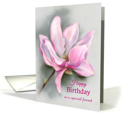 Custom Friend Birthday Pink Magnolia Flower Pastel Art card (1671346)